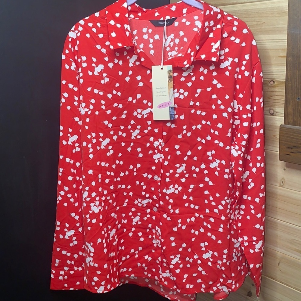 DOKOTOO Medium Women’s Polyester Collard Button Up Beautiful Red Sheer Blouse